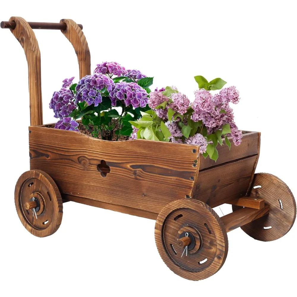 

Wooden Wagon Planter Box with 4 Wheels and Drain Hole for Indoor and Outdoor Decor, Rustic Flower Cart, Brown