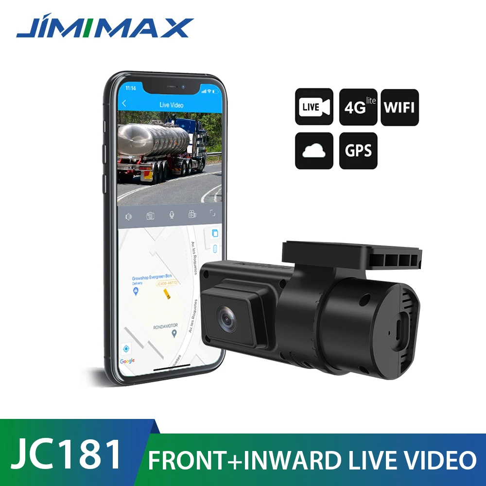 JIMIMAX JC181 Mini 4G Dual DashCam Wifi 2 Live Stream Video 1080P Front & Inside Car Camera Remote Monitor APP GPS Cloud Record