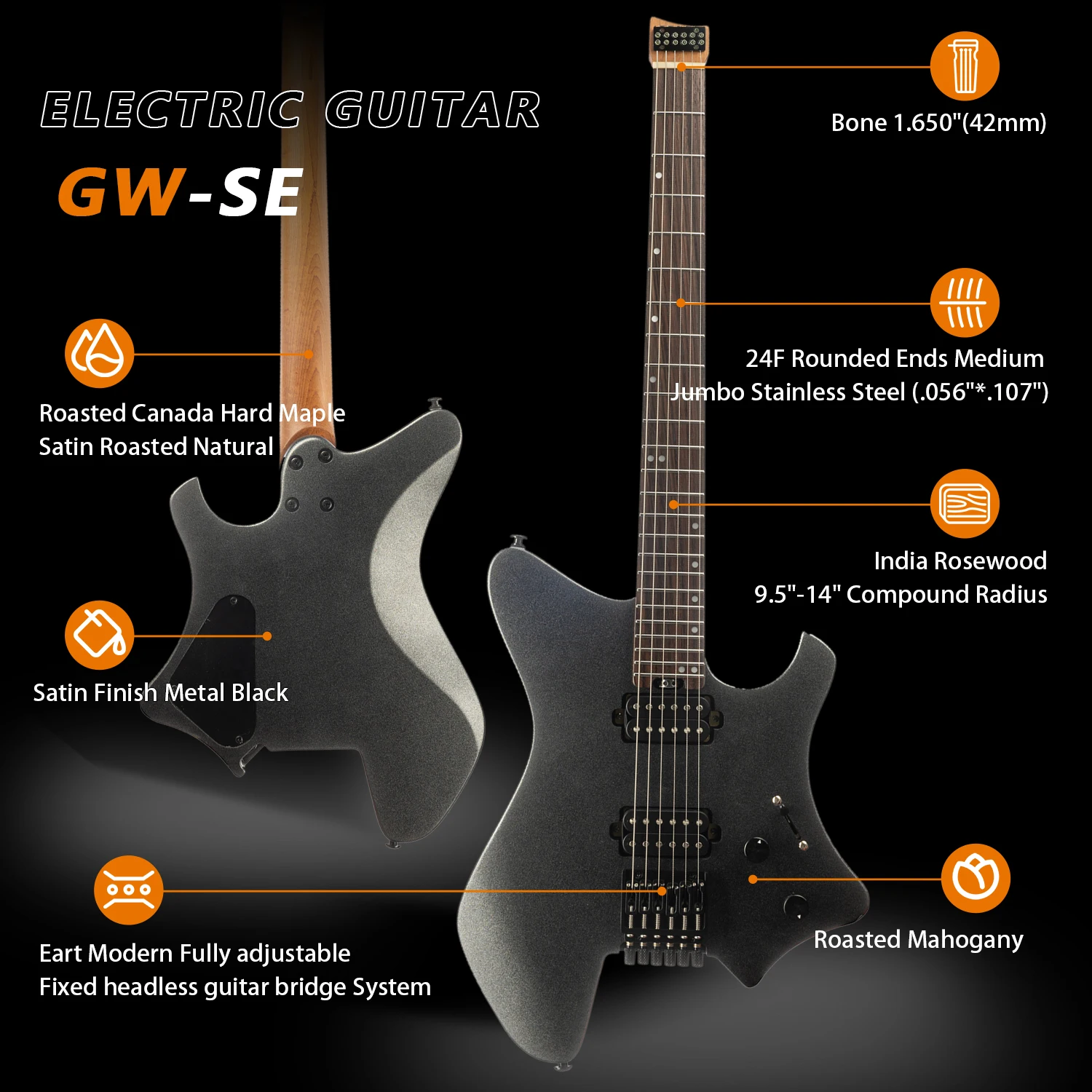 Eart Guitars GW2-SE Modern Fully adjustable Fixed headless guitar