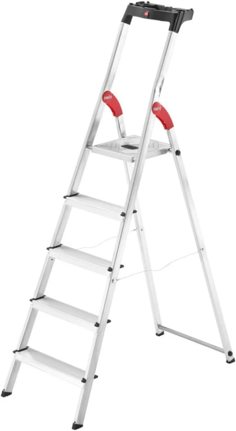 Hailo L60 StandardLine Aluminum Safety Step Ladder - Folding Ladder with 5 Steps, 330 lb Capacity - Stable Guide Pillar, Shelf I