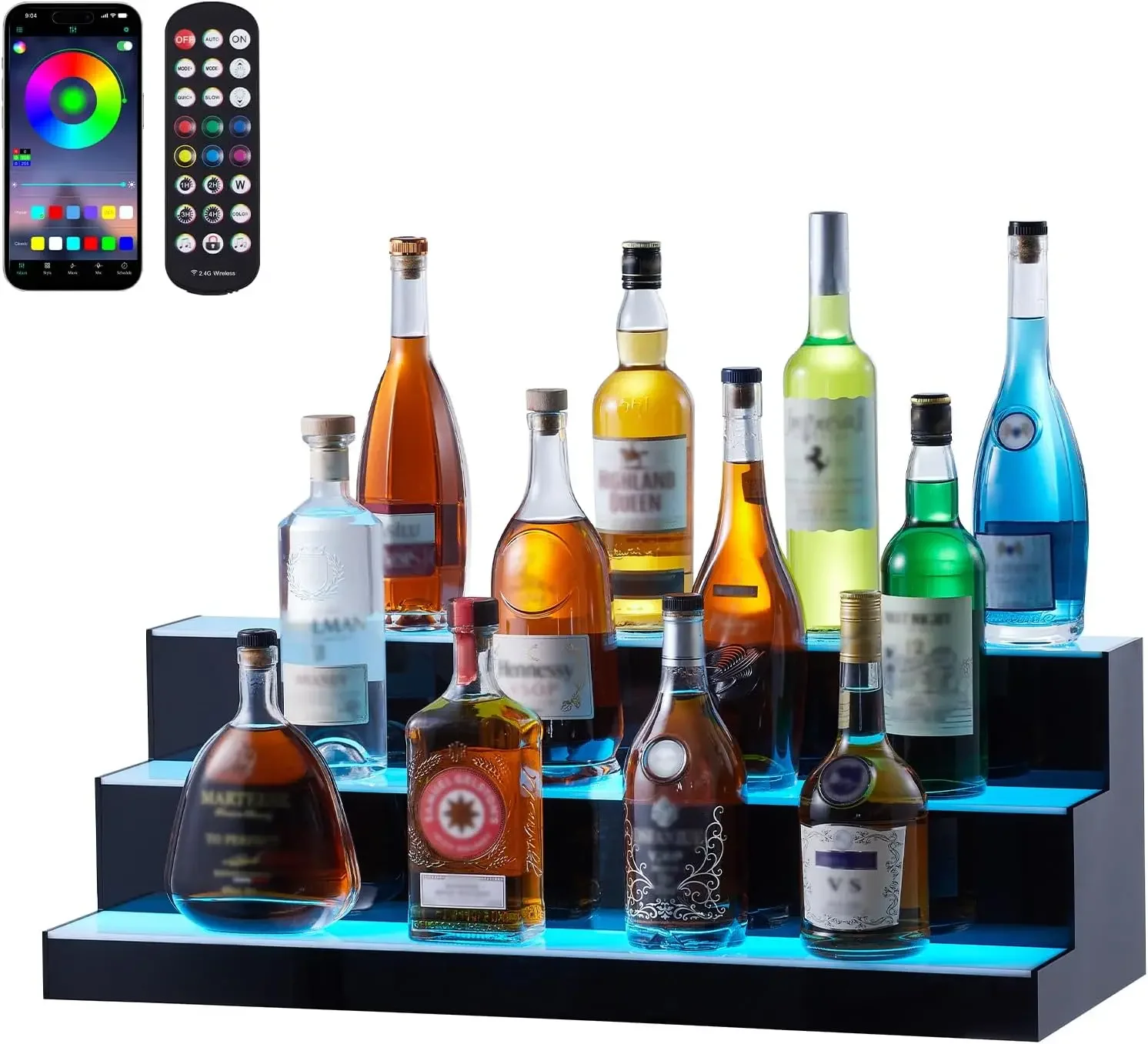 LED Lighted Liquor Bottle Display,,Illuminated Home Bar Shelf with RF Remote & App Control 7 Static Colors 1-4 H Timing