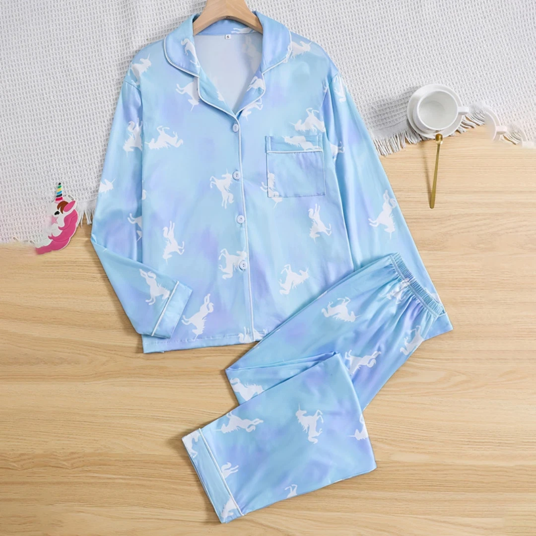 

Blue Women Pajama Set Valentine's Day Themed with Horse Pattern Long-sleeved and Long Pants Home Wear Gifts