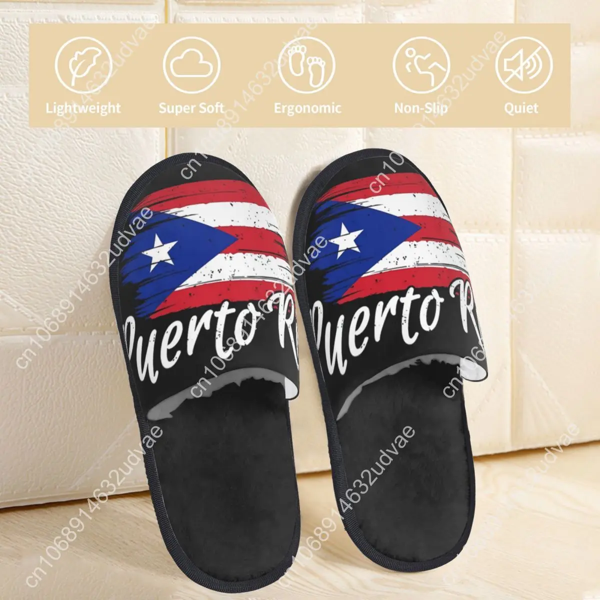 Sandal bulu hangat untuk pria dan wanita, sandal rumah halus hangat bendera Puerto Rico musim dingin untuk pria dan wanita