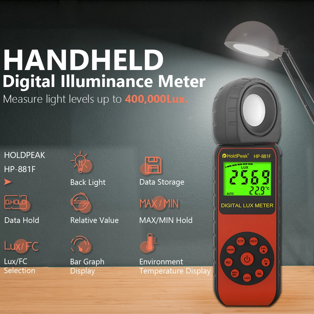 

Light Meter, HP-881F to Measure Light, Ranges1-400,000Lux, 270º Rotated Sensor, Back Light, Data Storage