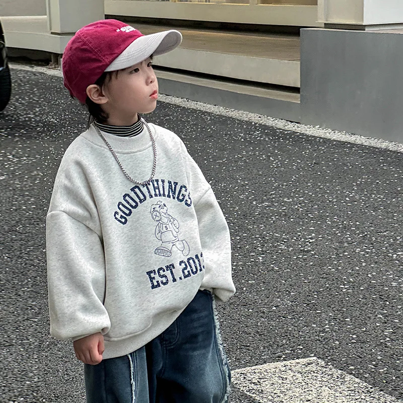 

2025 Winter New Children Fleece Sweatshirt Cartoon Print Girls Warm Pullover Plus Velvet Thick Kids Boys Casual Sweatshirts