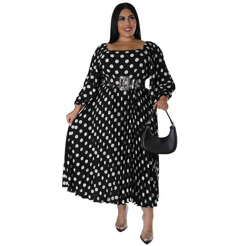 MY1028 European and American plus size women's long sleeved one necked pleated printed polka dot dress with waist belt chubby MM