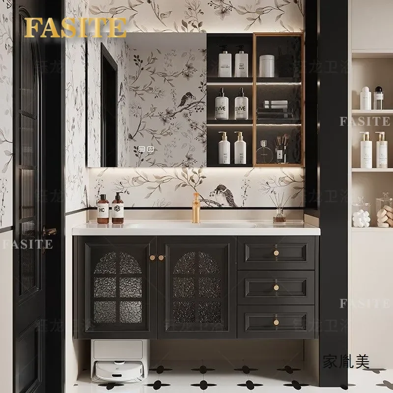 French Retro Black Bathroom Vanity Cabinet with Ceramic Integrated Sink Glass Door Storage Washstand for Modern Powder Room