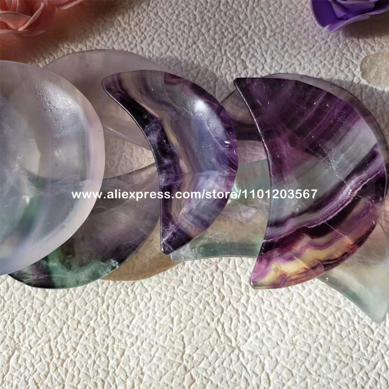 Small Rainbow Fluorite Crescent Moon Bowl Hand Carved Natural Quartz Gemstone Dish Metaphysical Crystals for Witchy Pagan Altar