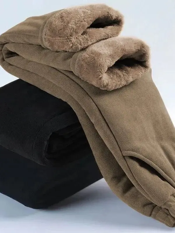 Extra Thi Fce Gevoerde Hoge Taille Katoenen Broek Dames Winter Plus Size Elastische Taille Lange Broek Warme Comfortabele Retro Sle