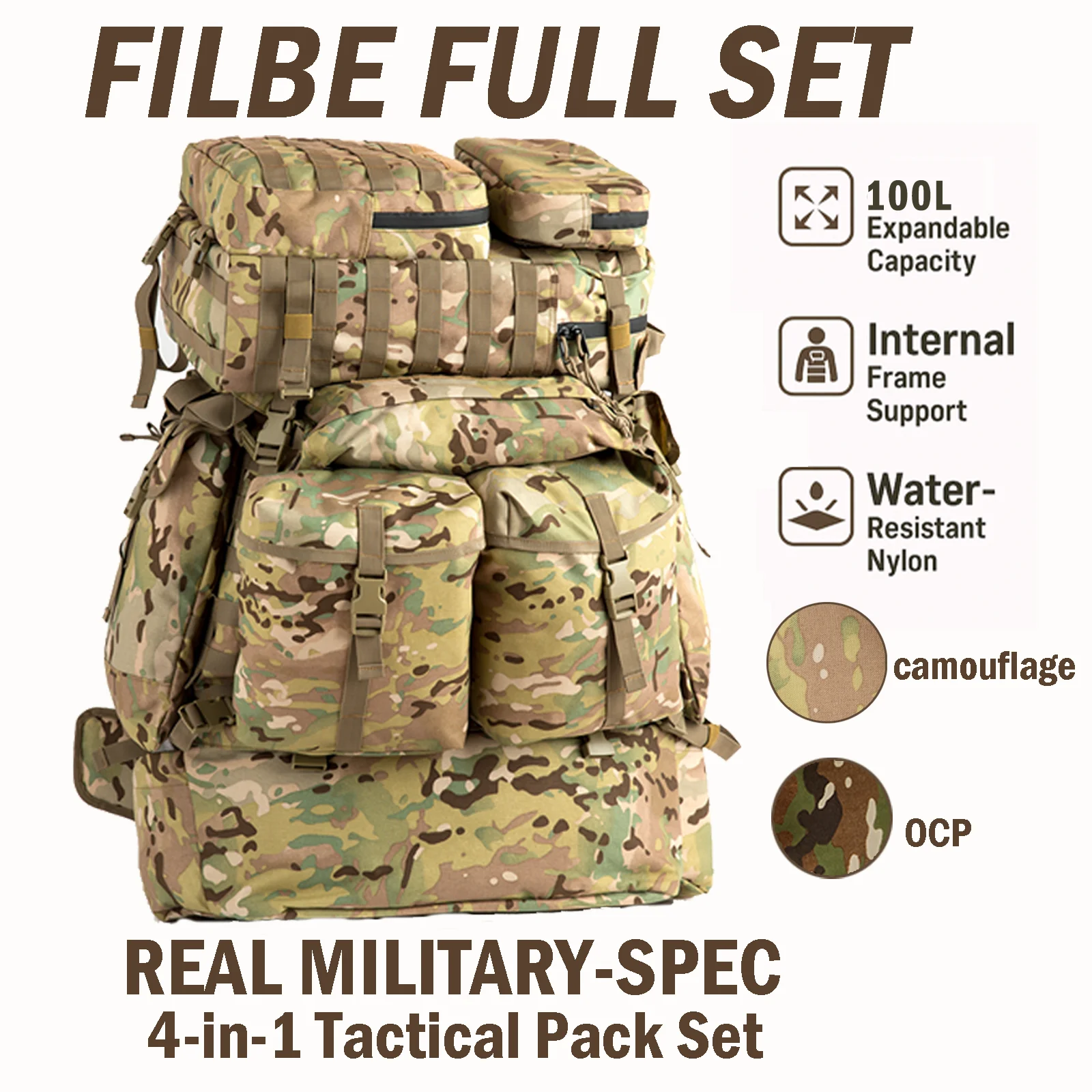 AkmaxFILBE Full Pack System Tactical Military Rucksack with Assault & Hydration Packs and Frame – OCP/Camouflage