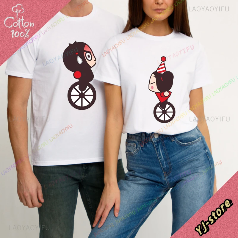 Unisex Couple Harajuku Pucca Y Garu Men's Shirts Lovers Graphic Man Clothes 100% Cotton Y2k Vintage Short Sleeve Tee Streetwear