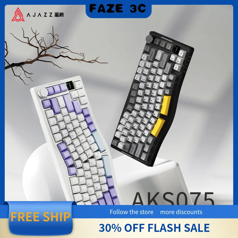 Ajazz AKS075 Bluetooth Wireless Gaming Mechanical Keyboard Full Key Hot Swappable Rgb Mixed Pbt Custom Mechanical Keyboard Gift