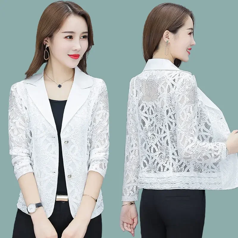 Spring Summer Women Fashion White Short Slim Blazer Hollow Lace Long Sleeve Casual Jacket Office Ladies Work Wear M-5XL E135