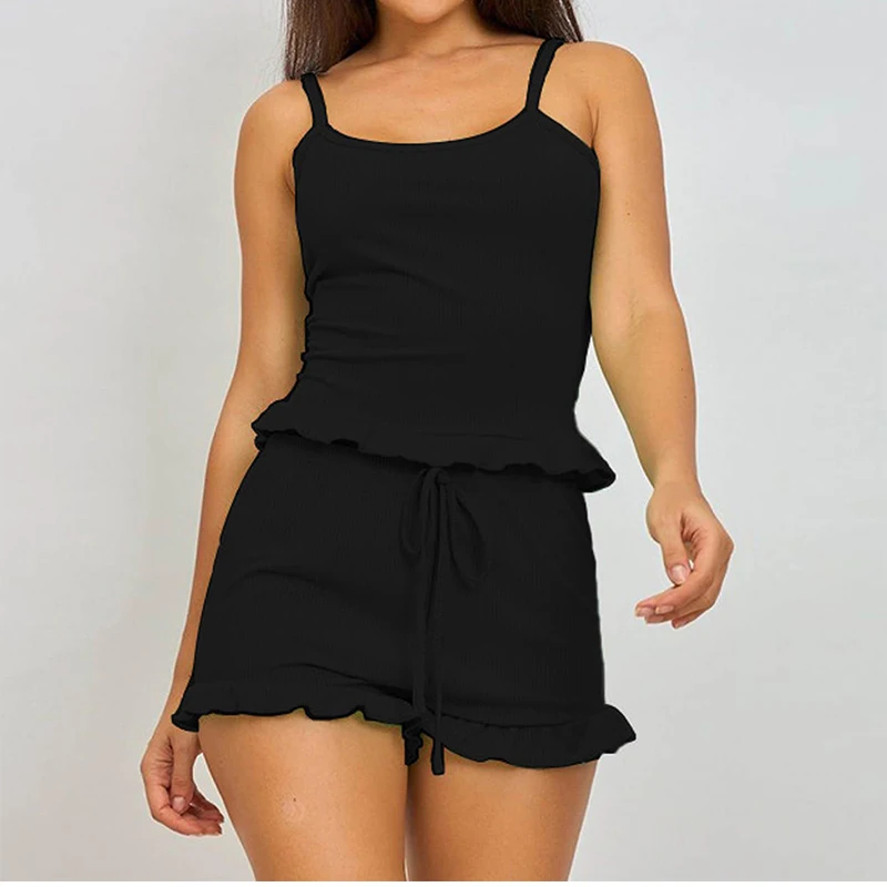 

Summer Two-Piece Solid Color Sleepwear Round Neck Sexy Suspender Ribbed Knitted Pleated Vest Shorts Casual Women's Sleepwear Set