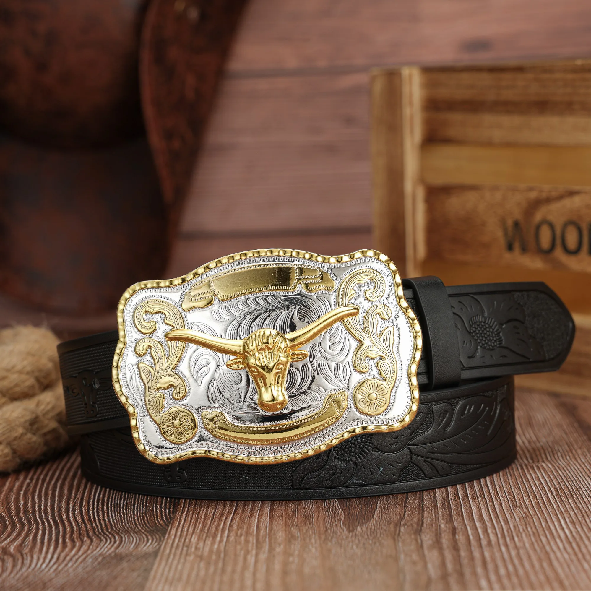 مشبك على شكل ثور وحصان منقوش ثلاثي الأبعاد بلونين، حزام منقوش من البولي يوريثان عتيق وفاخر، حزام للجنسين #6