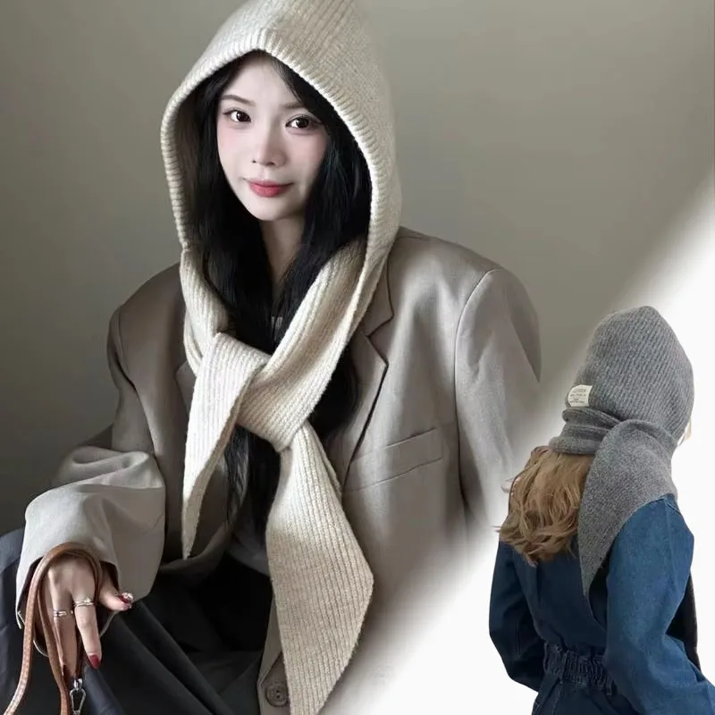 Winter Warm Wool Knitted Balaclava Hat Fake Shawl Collar Hooded Pullover One Piece Neck Warmer for Outdoor Cold Use