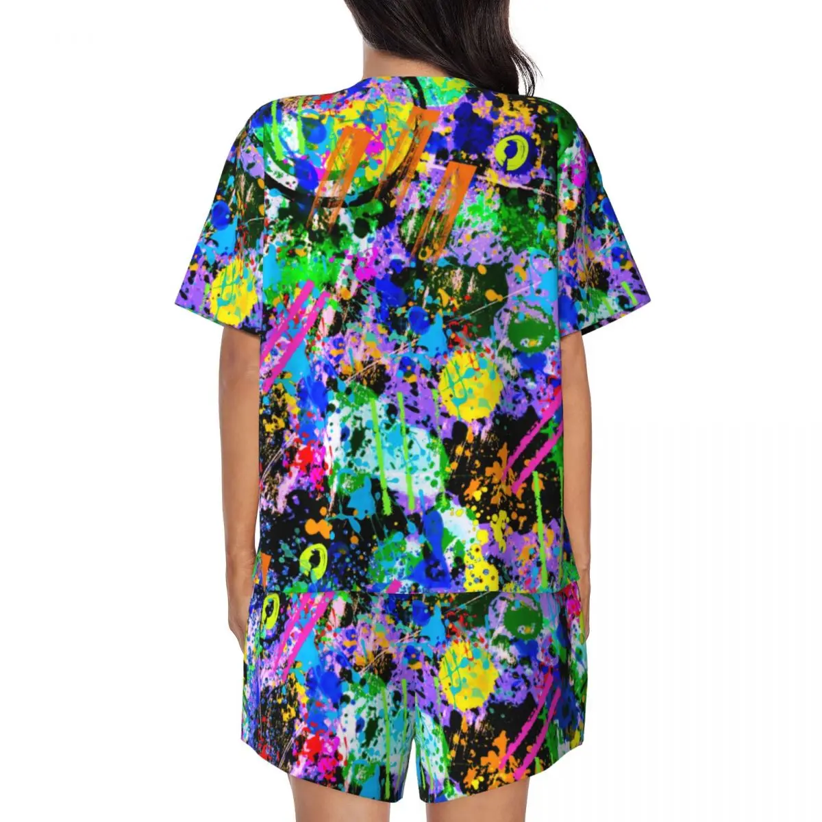 Pijamas coloridos con estampado Tie Dye para mujer, ropa de dormir romántica con grafiti para carnaval, conjuntos de pijamas personalizados informales de manga corta con cuello redondo para verano