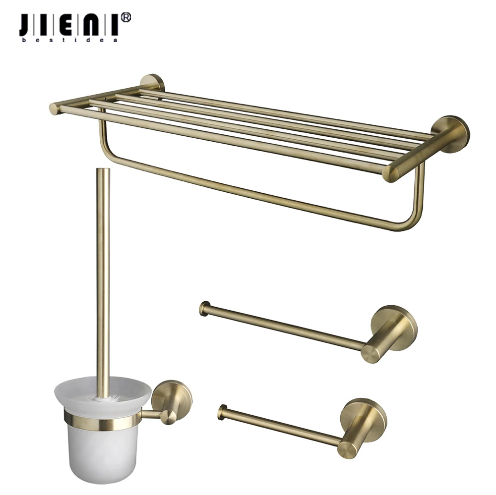 JIENI Wall Mounted Brushed Gold Bathroom Accessories Towel Holder Paper Roll Holder And Toilet Brush Circular Mounting Base