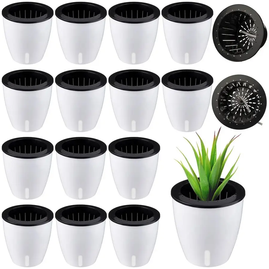 

Набор из 14 самополивающихся горшков для комнатных растений, 5 дюймов, с дренажными отверстиями, пластиковые цветочные горшки с индикатором уровня воды, белые, фиолетовые