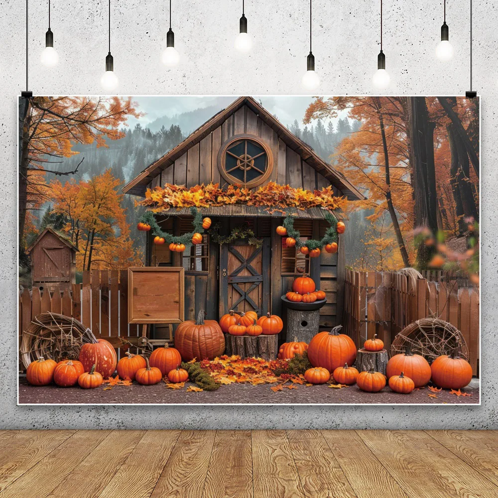 Autumn Thanksgiving Photography Backdrop Fall Barn Wooden Door Harvest Background Pumpkin Baby Shower Portrait Photographic Prop