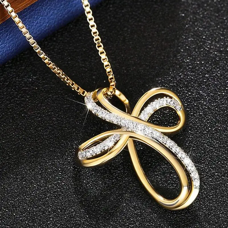 Huitan Wunderschönes Infinity-Kreuz-Design Damen-Anhänger-Halskette in Goldfarbe/Silberfarbe, modisches Party-Accessoire, Schmuck mit CZ