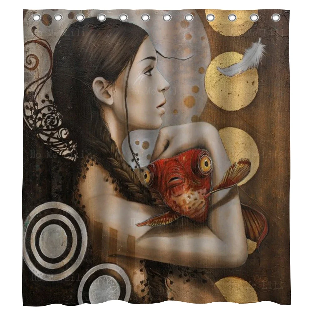 Magic Realism Fantasy Woman Holding Fish Girl And Horse Embraced Female With Animal Theme Bathroom Decor Shower Curtain