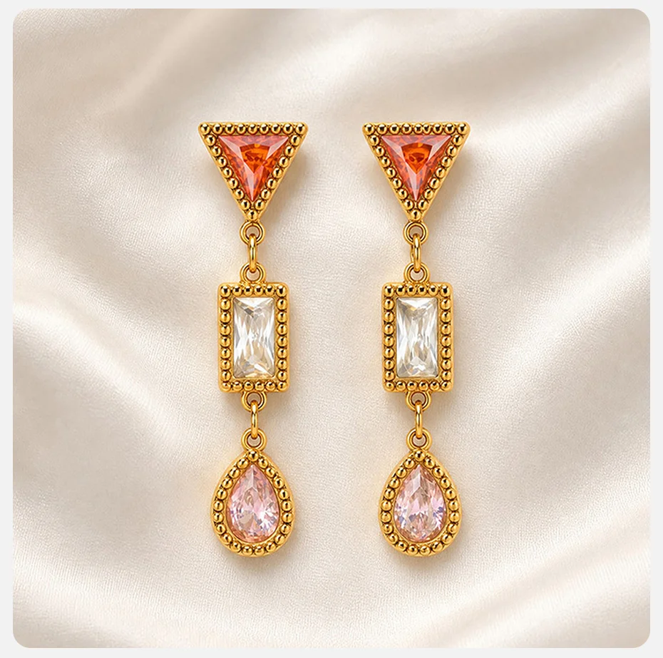 Vnox Trendige geometrische rosa Zirkon-Tropfenohrringe für Damen, vergoldete Ohrhänger aus Edelstahl, Statement-Hochzeitsschmuck – Detail 5