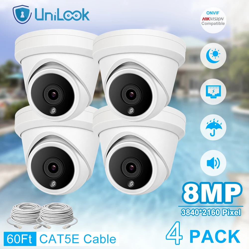 UniLook 8MP 4K Turret POE IP Camera 4pc Built in Microphone CCTV Security Camera Outdoor Hikvision Compatible IP66 H.265 IR30m