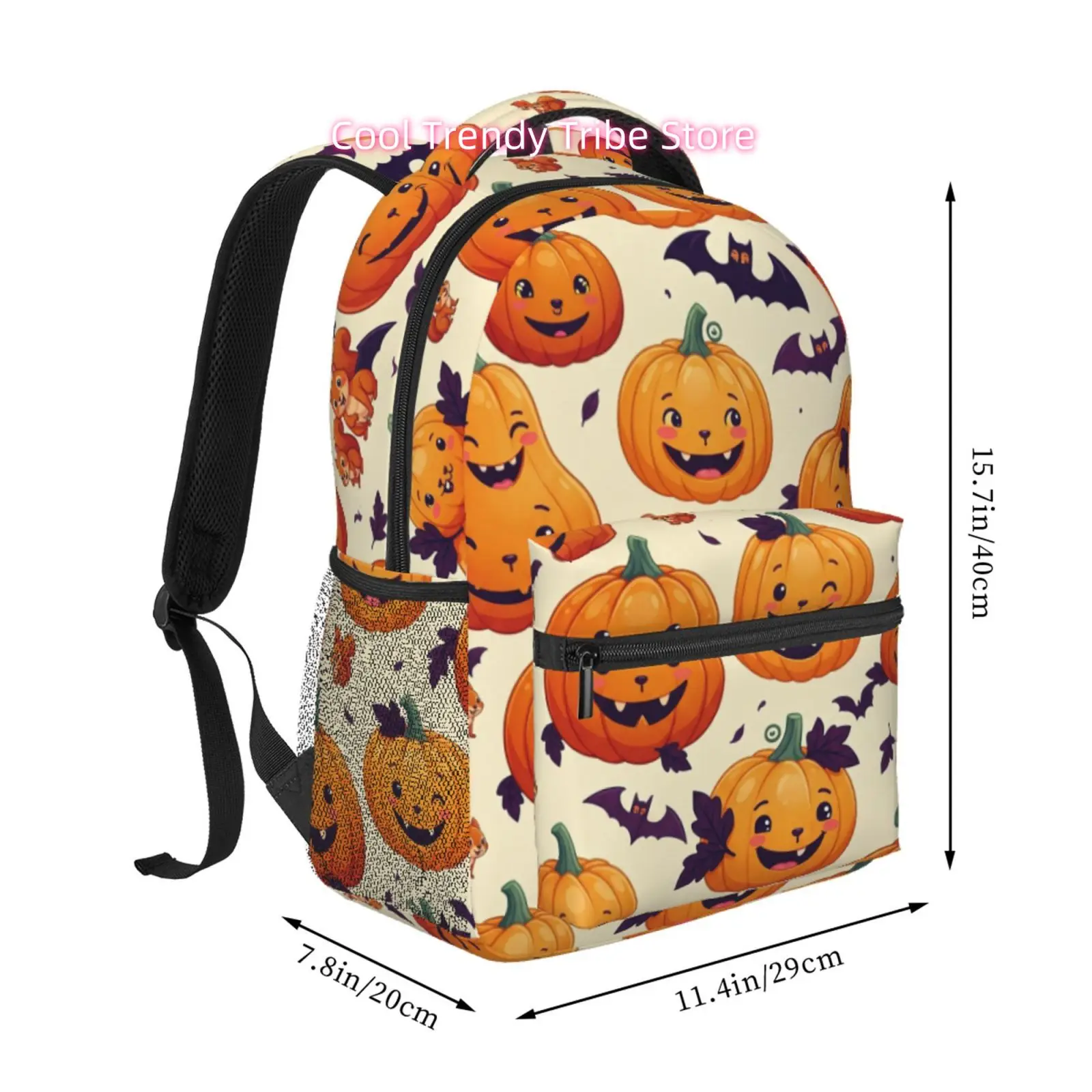 Cream & Purple Bat Print Oxford Cloth Backpack with Adjustable Shoulder Straps - Lightweight Zipper Closure Daypack Suitable for