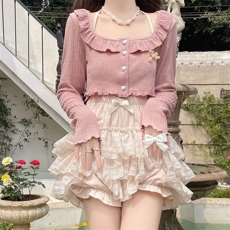 Y2k Kawaii Sweet Ruffles Square Collar Long Sleeve Cardigan Coat+ High Waist Ruched A-line Cake Shorts Skirts New Two Piece Sets