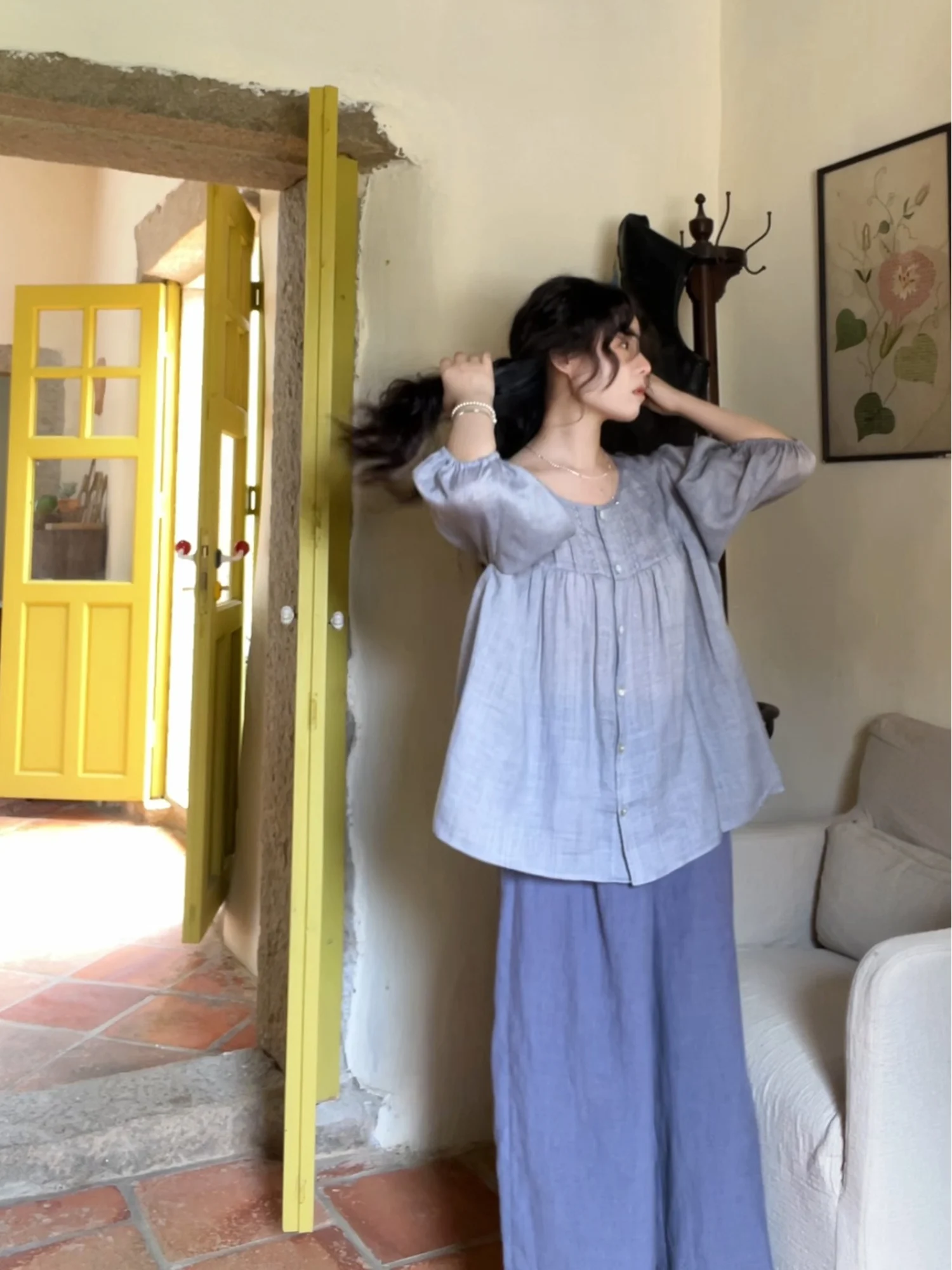 

Elegant Blue Purple Lace Shirt Linen Wide Leg Pants Breathable Comfortable Women's Business Casual Fashion Autumn Collection