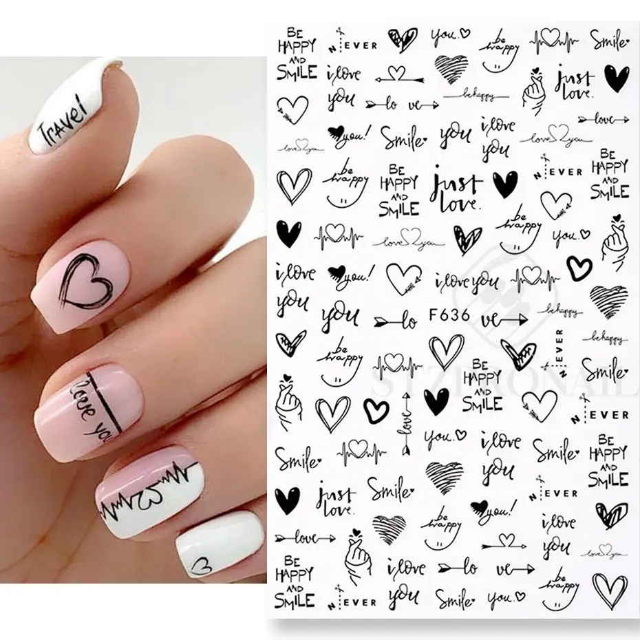 3D Black White Love Heart Nail Stickers Valentine Day Gril Character Line Simple French Manicure Tips Nail Art Decoration SLF636