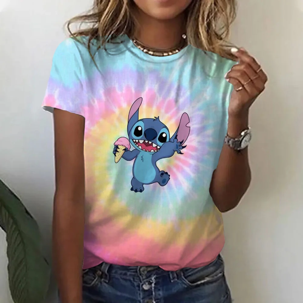 Kawaii Lilo Stitch Print T-shirts Tops for Women Lady Summer Children T-shirts Casual O-neck Ohana Stitch Disney T-shirts