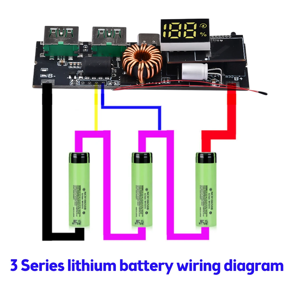 QC4.0 QC3.0 LED Dual USB PD Fast Charge 5A 100W Micro/Type-C USB Mobile Power Bank 18650 Charging Module Temperature Protection