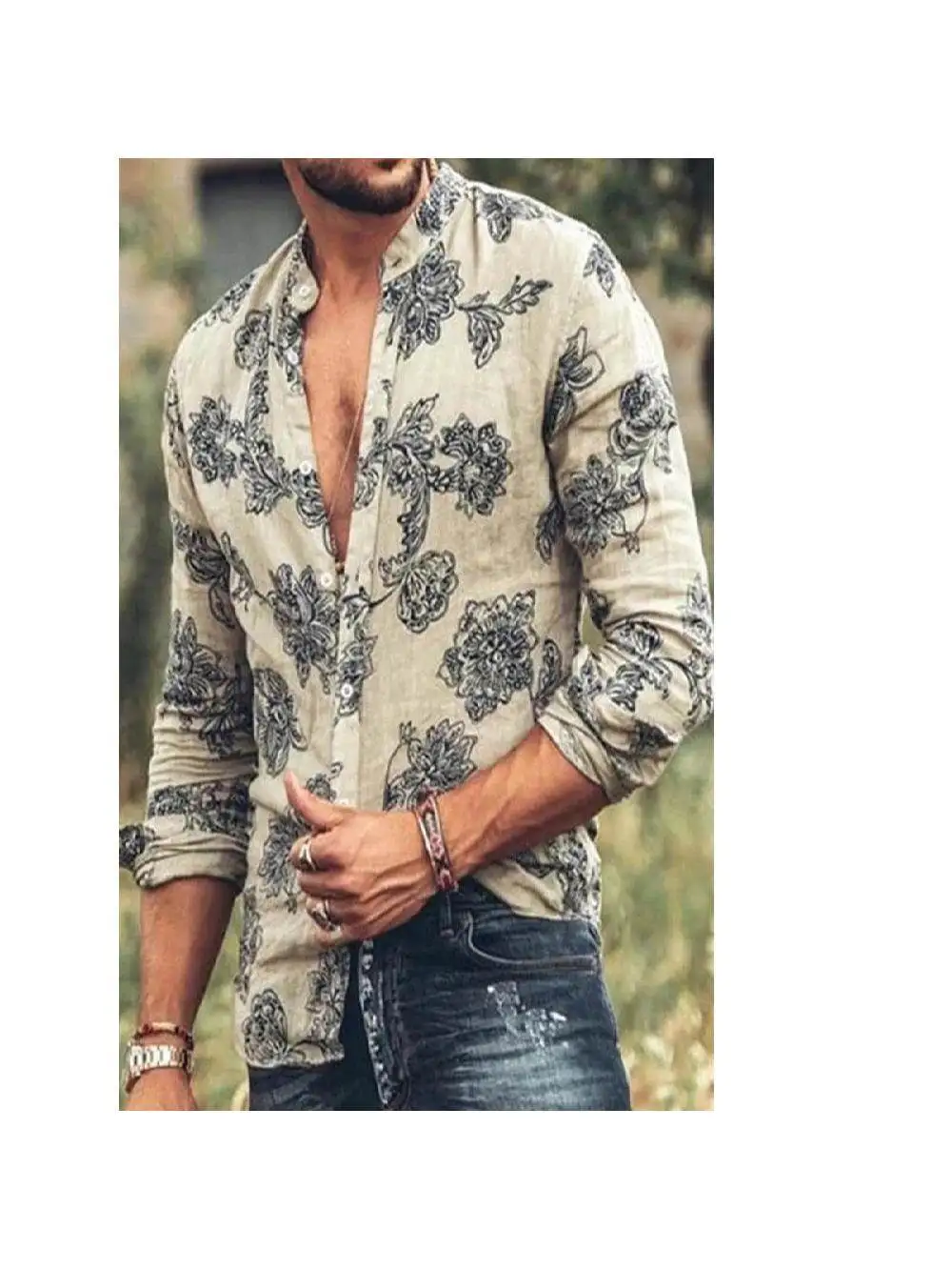 

Men's Long Sve irt Faion Printed Lapel Breathable Polyester Fiber Stand Fit Daily Wear Spring Summer Autumn Winter