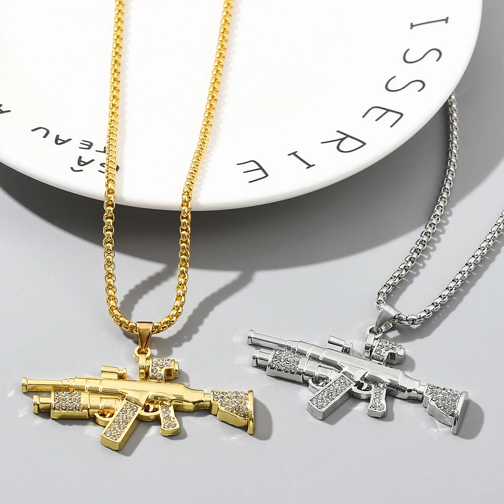 Hip-Hop Fashion Diamond Studded Submachine Gun Necklace Creative Punk European American Style Clothing Accessory for Men