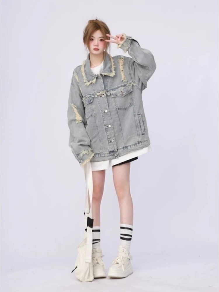 Moda da donna vintage in denim strappato effetto consumato oversize casual street style primavera autunno