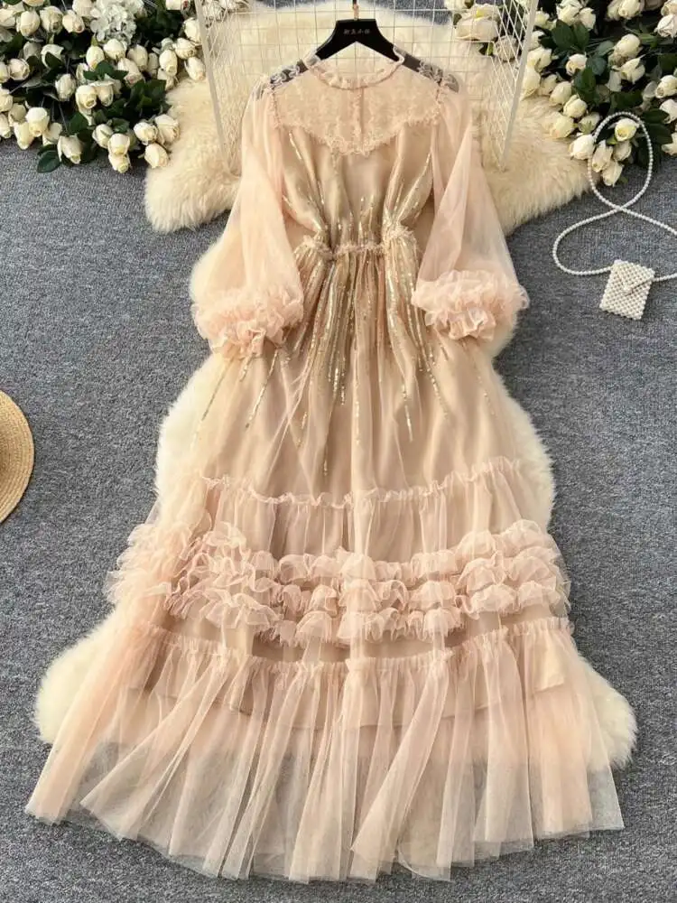 女性メッシュイブニングパーティードレス春夏スパンコール刺繍立体レース長袖ドレスヴィンテージロングローブ