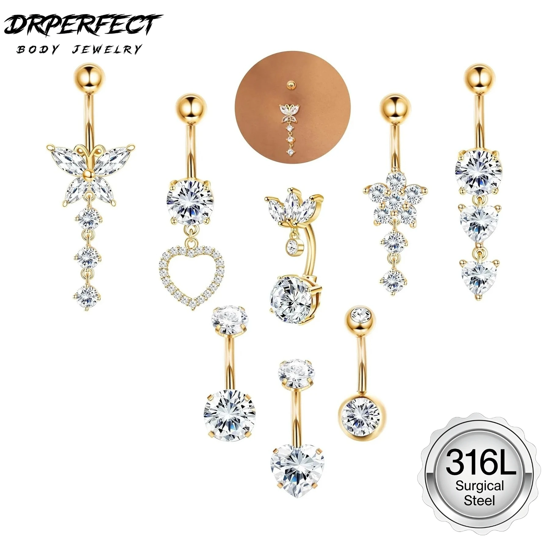 Drperfect 1/8Pcs 316L Surgical Steel Dangly Belly Button Bars for Women Butterfly Heart CZ Belly Button Rings Piercing Jewelry