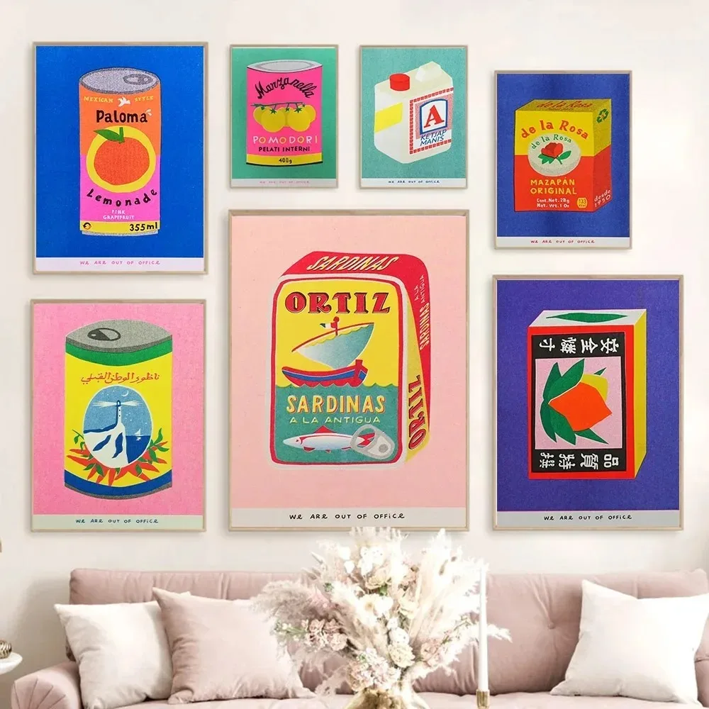 Pósteres de pintura en lienzo minimalista para decoración moderna del hogar, tinta de flor de jugo de limón rosa japonés, sardina enlatada y tomate