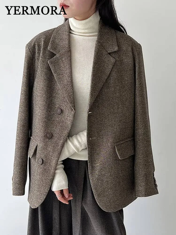 

YERMORA Coffee Tweed Button Brief Wool Blazer For Women Lapel Long Sleeve Loose New Jacket Fashion Tide Autumn Winter 2025