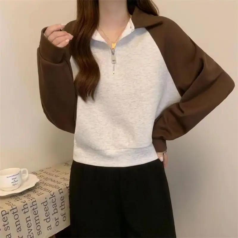 Spring and Autumn American Retro Color Contrasted Shoulder Long Sleeve POLO Collar Half Zipper Hoodie Women's Short Top Trendy