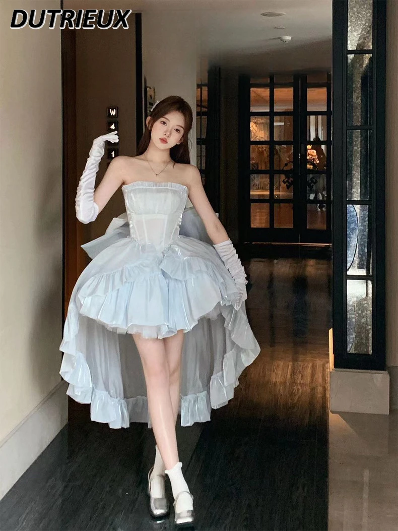 

French Gentle Wind Blue Off-the-shoulder High-waisted Slim-fit Dress Sweet Girls Summer Vintage Puffy Princess Dresses