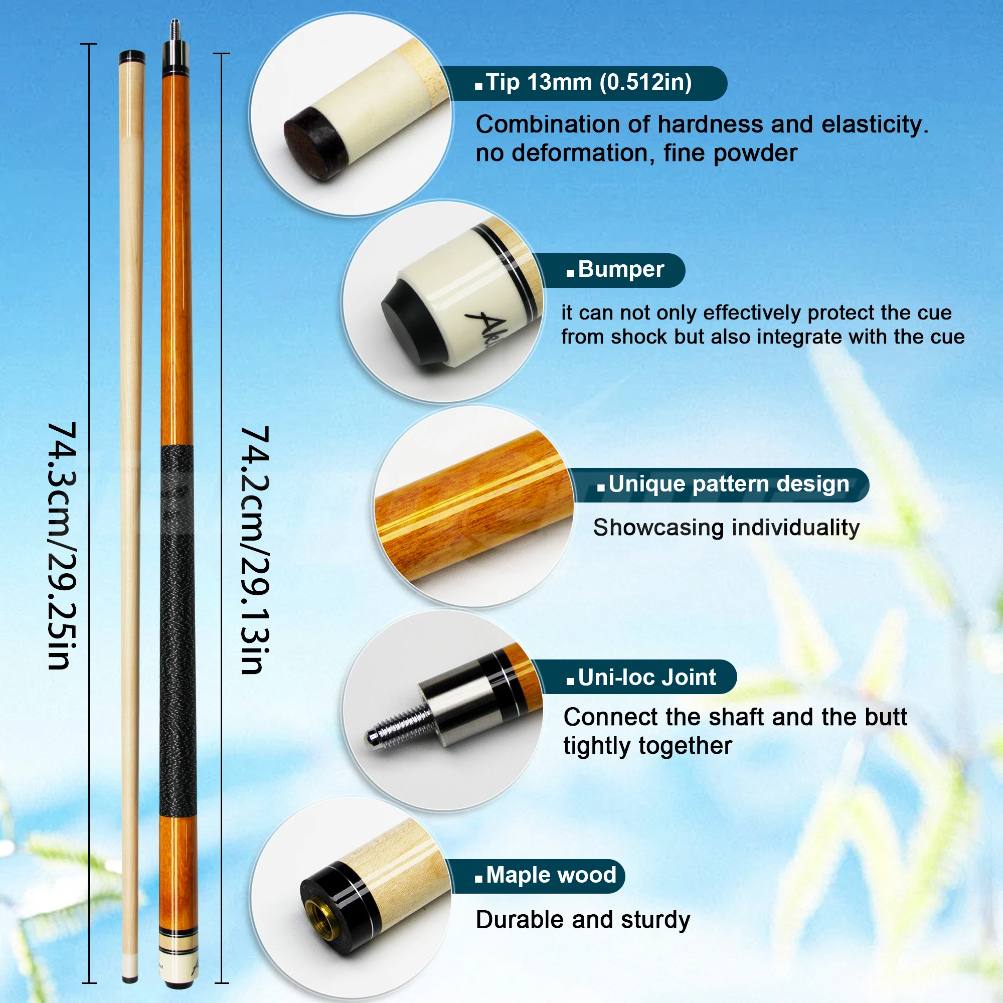 

Anti Slip Artifact!13mmHandmade Hemp Thread Grip Pool Cue Absorb Sweat 58.38inHard Maple Wood with Professional Billiard Gloves