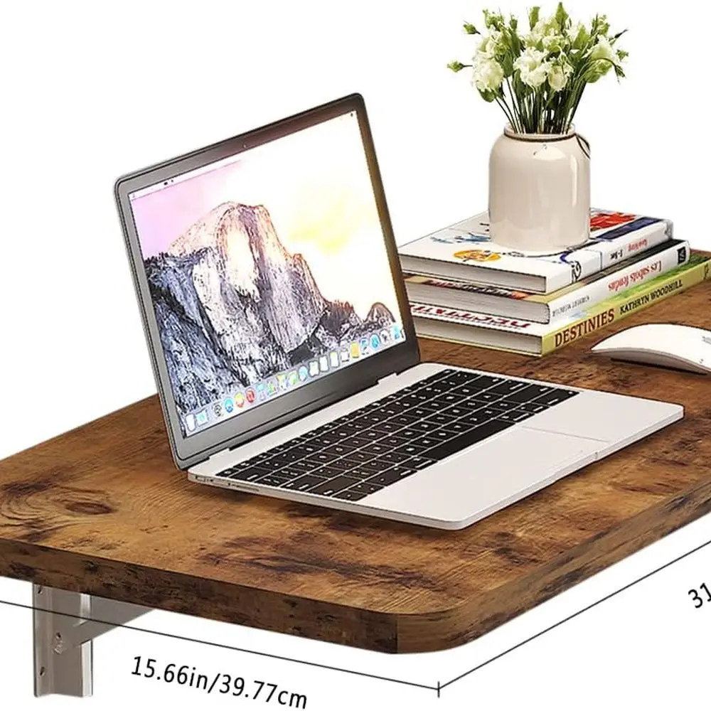 Mesa de parede dobrável marrom vintage de 31 polegadas, mesa compacta com folhas para espaços pequenos