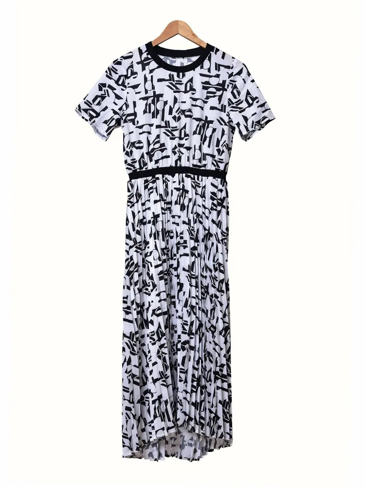 Women's Geometric Print Robe Color Contrast Elastic Waist Round Neck Short Sleeve Vintage Midi Dress