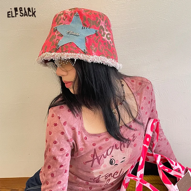 

ELFSACK 2025 Autumn New Arrival Y2K Star Color Block Leopard Frayed Fisherman Hat For Woman
