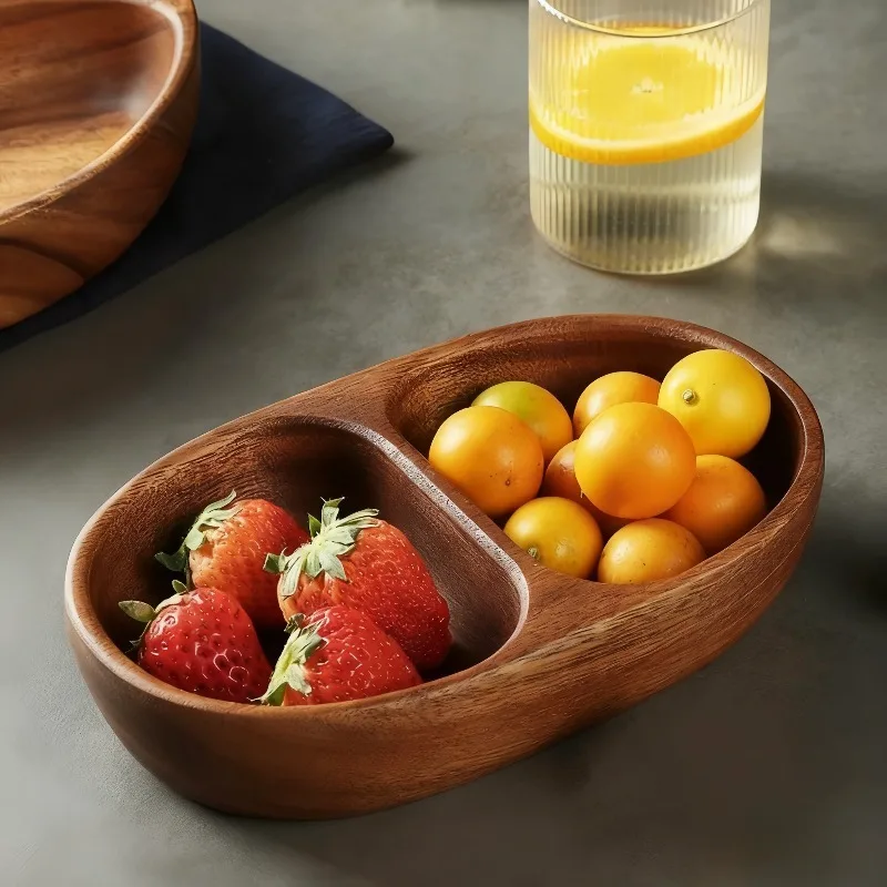 

Fruit Plate Light Luxury Style Walnut Double Grid Bowl Solid Wood Divided Household Snack Plate Home Organization