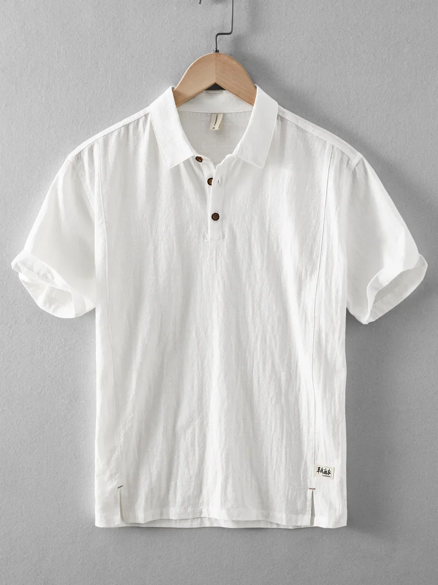 

Летние однотонные тонкие рубашки в китайском стиле с лацканами для мужчин, дышащие хлопковые льняные пуловеры с короткими рукавами, мужская универсальная футболка