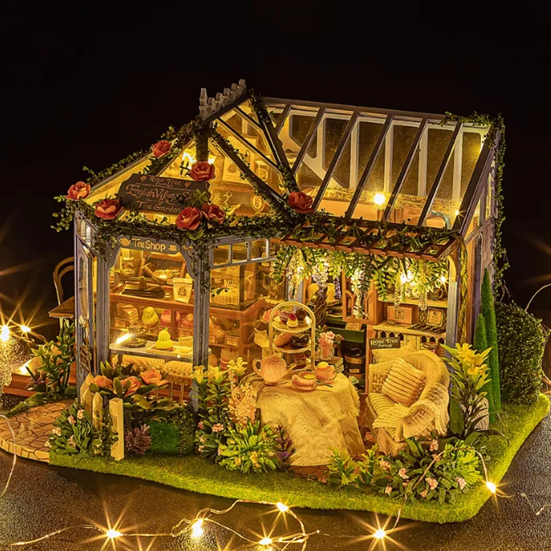 Casa de chá para jardim de rosas, modelo de montagem de madeira, cena em miniatura artesanal, casa de arte vintage, brinquedos educativos colecionáveis